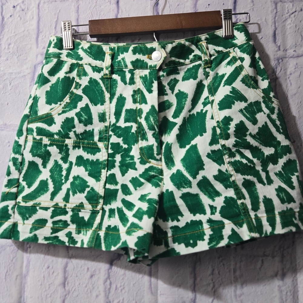 Maeve Anthropologie Green White Giraffe‎ Print High Rise Denim Shorts Size 27